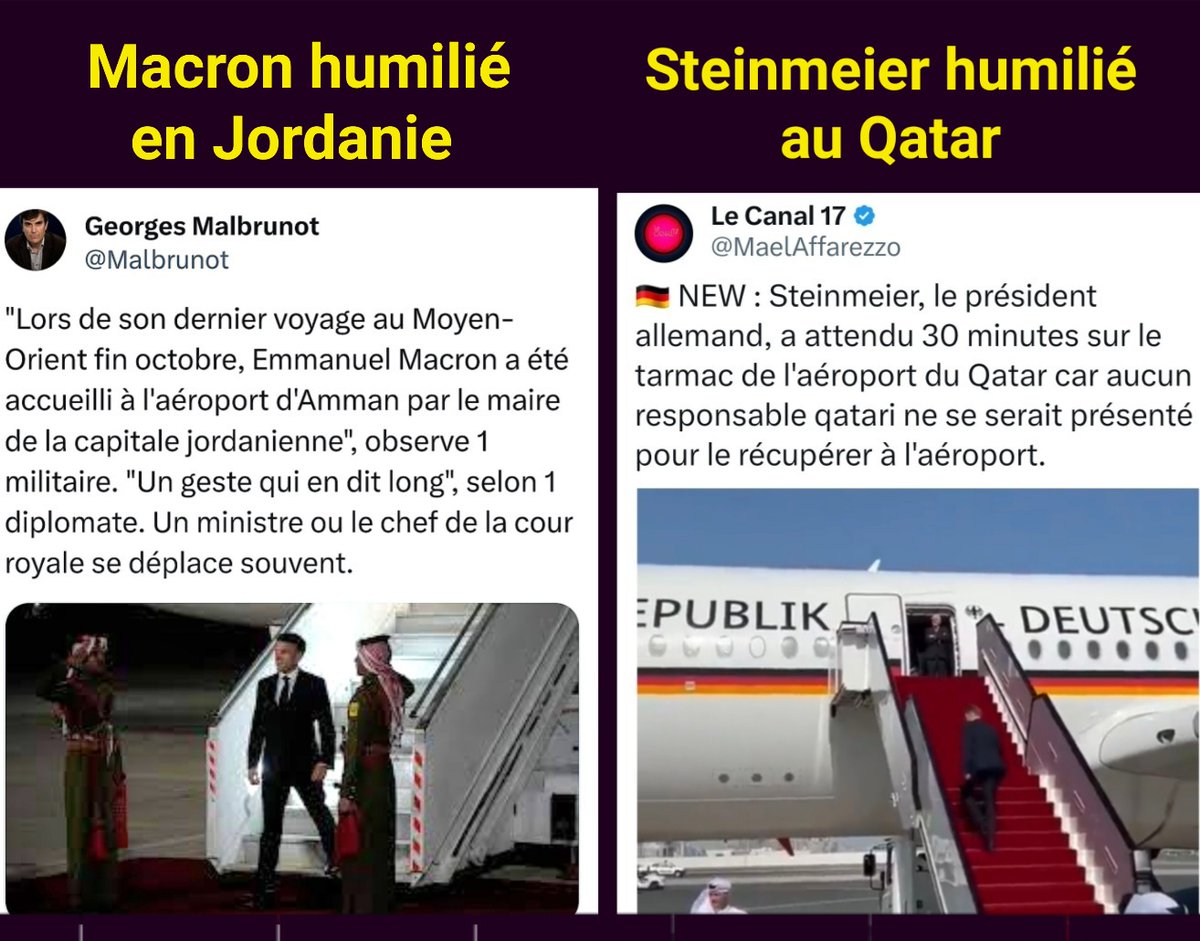 f_asselineau's tweet photo. MACRON🇫🇷 ET STEINMEIER🇩🇪
HUMILIÉS AU MOYEN-ORIENT
▪️25/10
Arrivant à l'aéroport d'Amman🇯🇴, Macron est accueilli par le simple maire de la ville.
Ni chef d'État ni ministre.
▪️30/11
Arrivant à l'aéroport de Doha🇶🇦, Steinmeier poireaute 1/2h avant qu'un ministre daigne l'accueillir https://t.co/baKRkErEIj