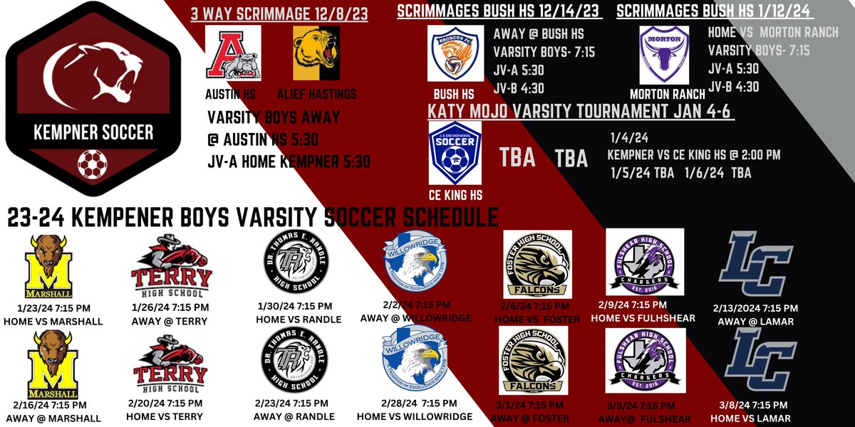 2023-2024 Kempner Boys Soccer Schedule! Vamos Kempner!
#KHSSoccerBoys #greatdaytobeacougar #WeAreKHS #GoCougs #KHS_Cougars