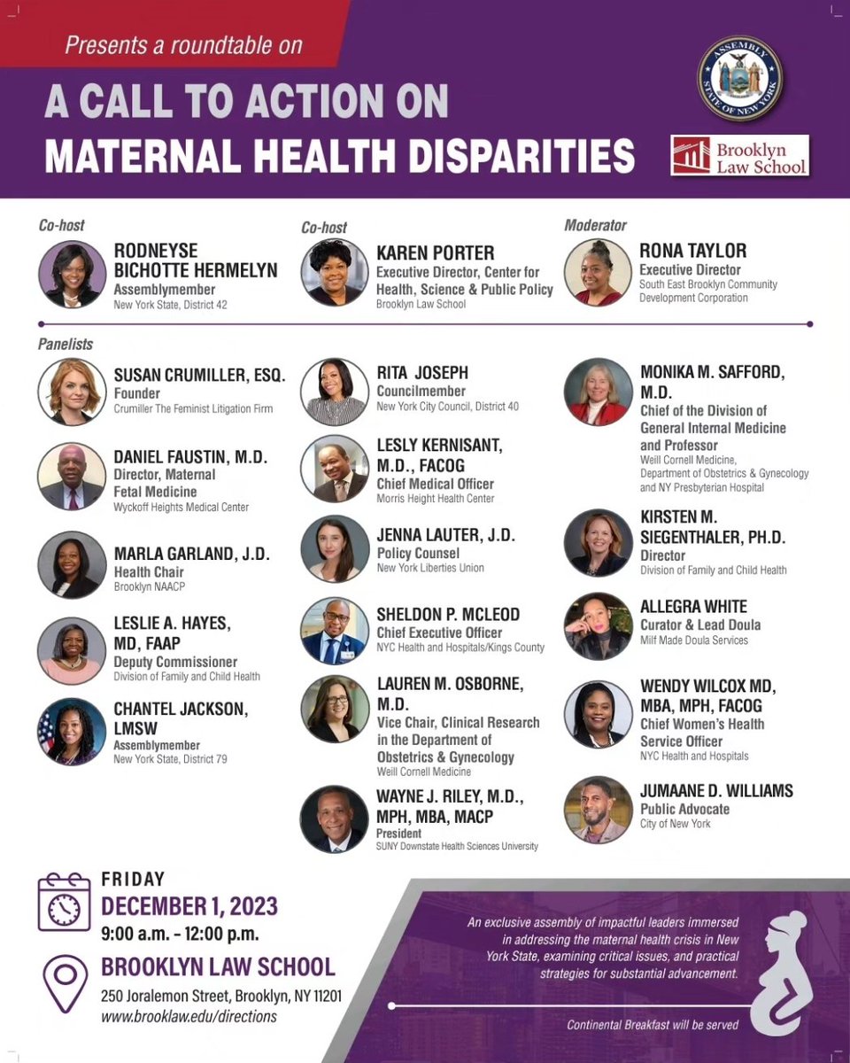 Tomorrow meet our expert panelists on our Maternal Health Care Roundtable @brooklynlawschool December 1, 2023 9am to 12pm. RSVP today ➡️tinyurl.com/maternalhealth… #BirthingJustice @NYCHealthSystem @sunydownstate @brooklynnaacp @NYCLU @cxsebk @WeillCornell @susancrumiller