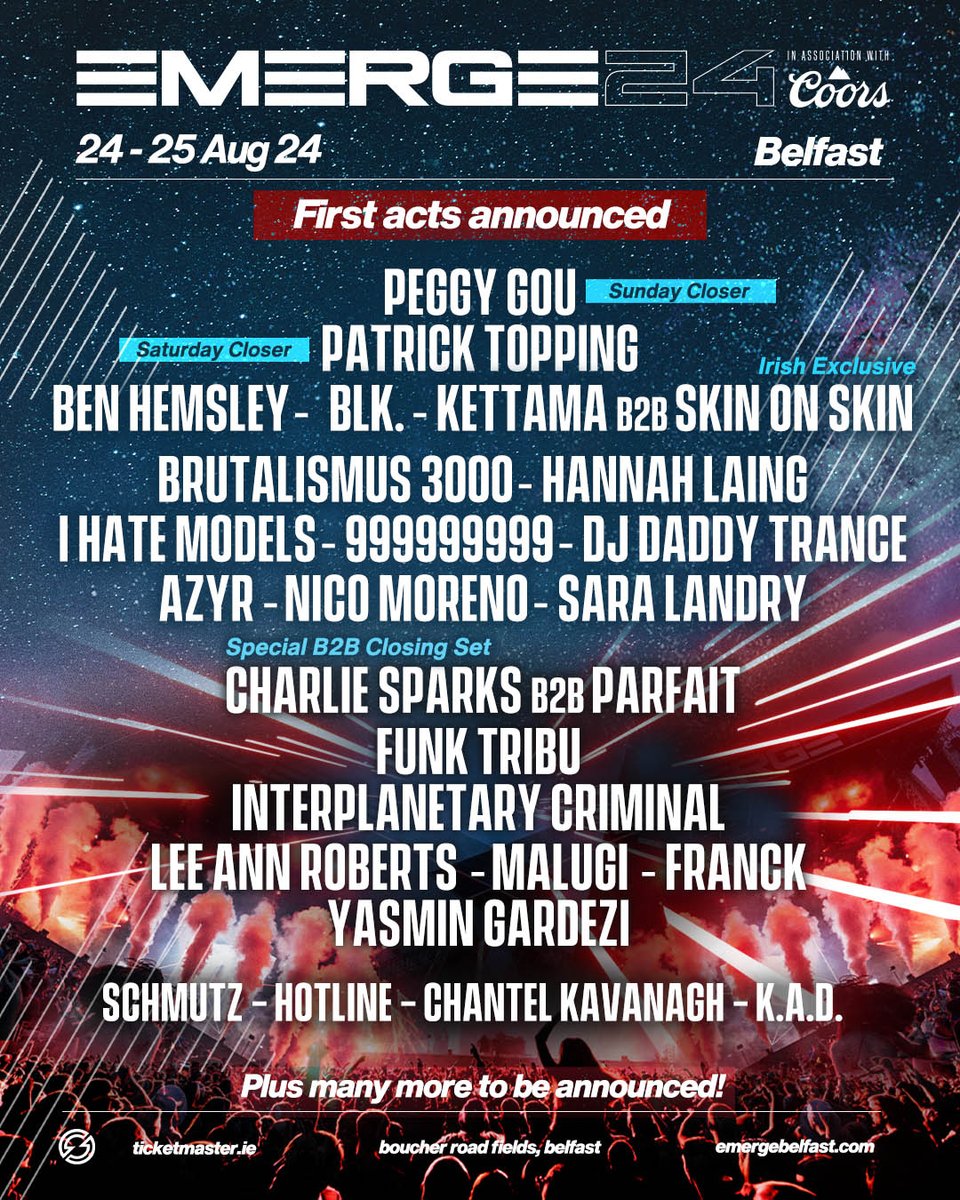 𝗣𝗛𝗔𝗦𝗘 𝟭 𝗔𝗖𝗧𝗦 𝗔𝗡𝗡𝗢𝗨𝗡𝗖𝗘𝗗

Our first wave of acts for Emerge 2024 have landed as we return for 2 days across on 24th &amp; 25th Aug, with many more acts still to be announced🙌🏻

£𝟭𝟬 𝗢𝗙𝗙 𝗗𝗜𝗦𝗖𝗢𝗨𝗡𝗧 𝗣𝗥𝗘-𝗦𝗔𝗟𝗘: bit.ly/Emerge24-SignUp

Pre-Sale: Tue 9am!