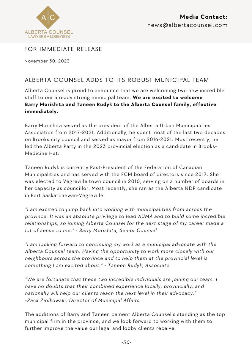 albertacounsel's tweet photo. FOR IMMEDIATE RELEASE
We are thrilled to welcome @BarryMorishita and @TaneenRudyk to our team!
There are few people in Alberta with the level of experience these two possess, and we're excited for them to join us.
#ableg #abpoli #abmuni https://t.co/H8T3GOzSPS