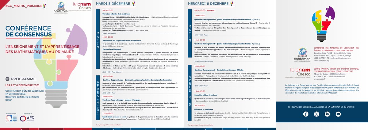 J-5 ! La #CC_MATHS_PRIMAIRE, qui se tiendra au #CESAG de Dakar, au Sénégal, approche à grand pas. Découvrez sans plus tarder le programme des deux journées de séances publiques, les 5 et 6 décembre prochains ! 🔗Lien d'inscription en distanciel 💻: forms.office.com/pages/response…