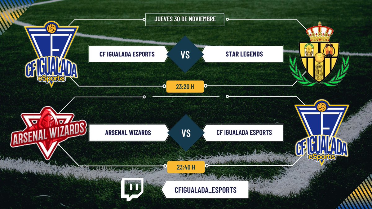 CF Igualada eSports (@cfigualada_es) on Twitter photo Hoy tendremos estos partidos casteados🎙️
<a href="/VPG_Spain/">Virtual Pro Gaming España</a>
23:20 vs <a href="/StarsLegendss/">Stars Legends</a>
<a href="/VFSL_Spain/">VFSL Spain</a>
23:40 vs <a href="/ARSENALWIZARDS/">ARSENAL WIZARDS</a>
Puedes encontrar nuestro canal de Twitch en el perfil de <a href="/CFIgualada_eS/">CF Igualada eSports</a>
No olvides suscribirte!🔔 Hoy tendremos estos partidos casteados🎙️
<a href="/VPG_Spain/">Virtual Pro Gaming España</a>
23:20 vs <a href="/StarsLegendss/">Stars Legends</a>
<a href="/VFSL_Spain/">VFSL Spain</a>
23:40 vs <a href="/ARSENALWIZARDS/">ARSENAL WIZARDS</a>
Puedes encontrar nuestro canal de Twitch en el perfil de <a href="/CFIgualada_eS/">CF Igualada eSports</a>
No olvides suscribirte!🔔
