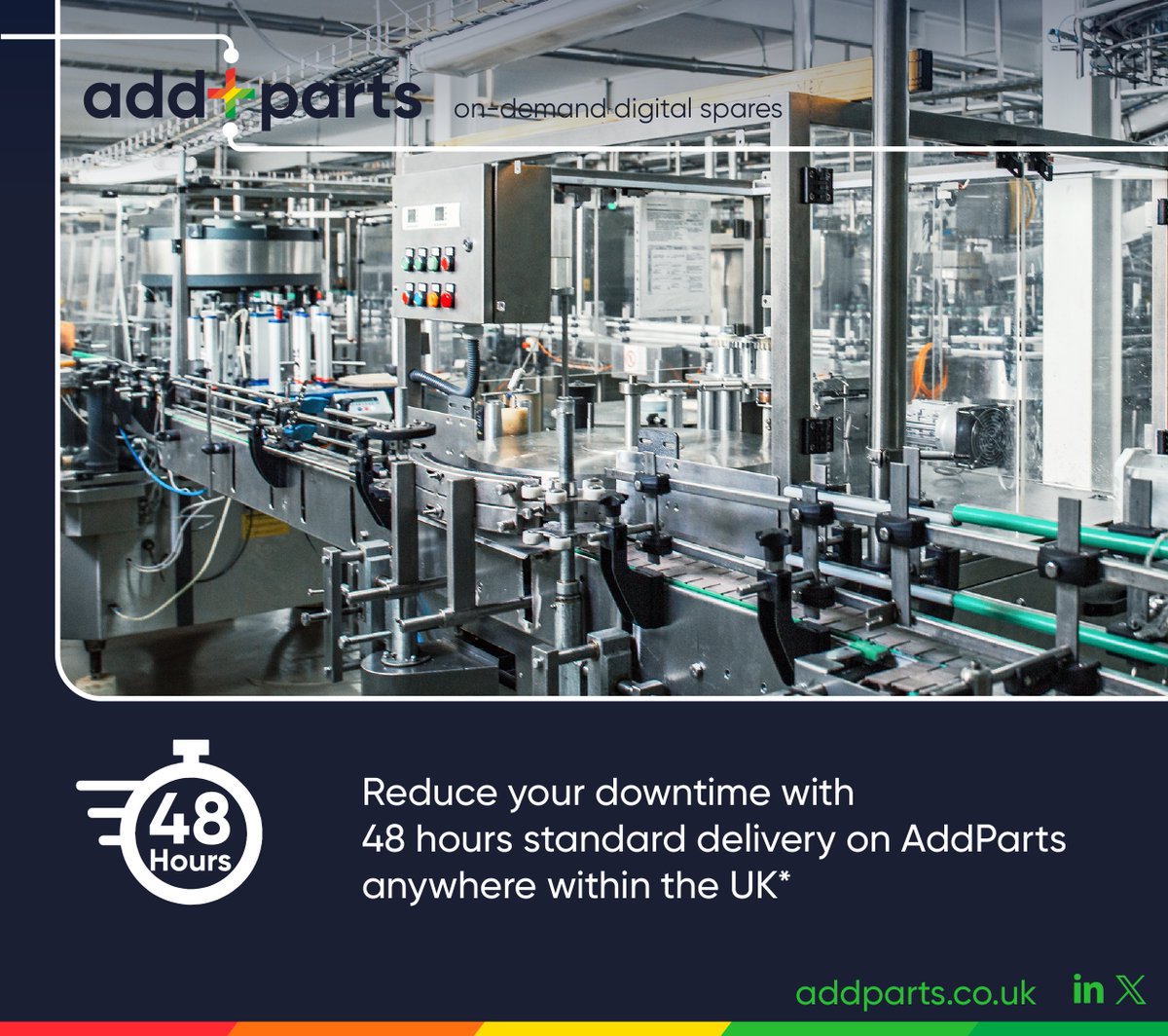 Addition - Additive Manufacturing - AddParts (@additiondesign) on Twitter photo Did you know? You can reduce your downtime on your production lines with a 48 hour standard service delivery on AddParts anywhere in the UK.
Contact the team on info@addparts.co.uk to find out how we can help your business keep production running.
#reducedowntime Did you know? You can reduce your downtime on your production lines with a 48 hour standard service delivery on AddParts anywhere in the UK.
Contact the team on info@addparts.co.uk to find out how we can help your business keep production running.
#reducedowntime