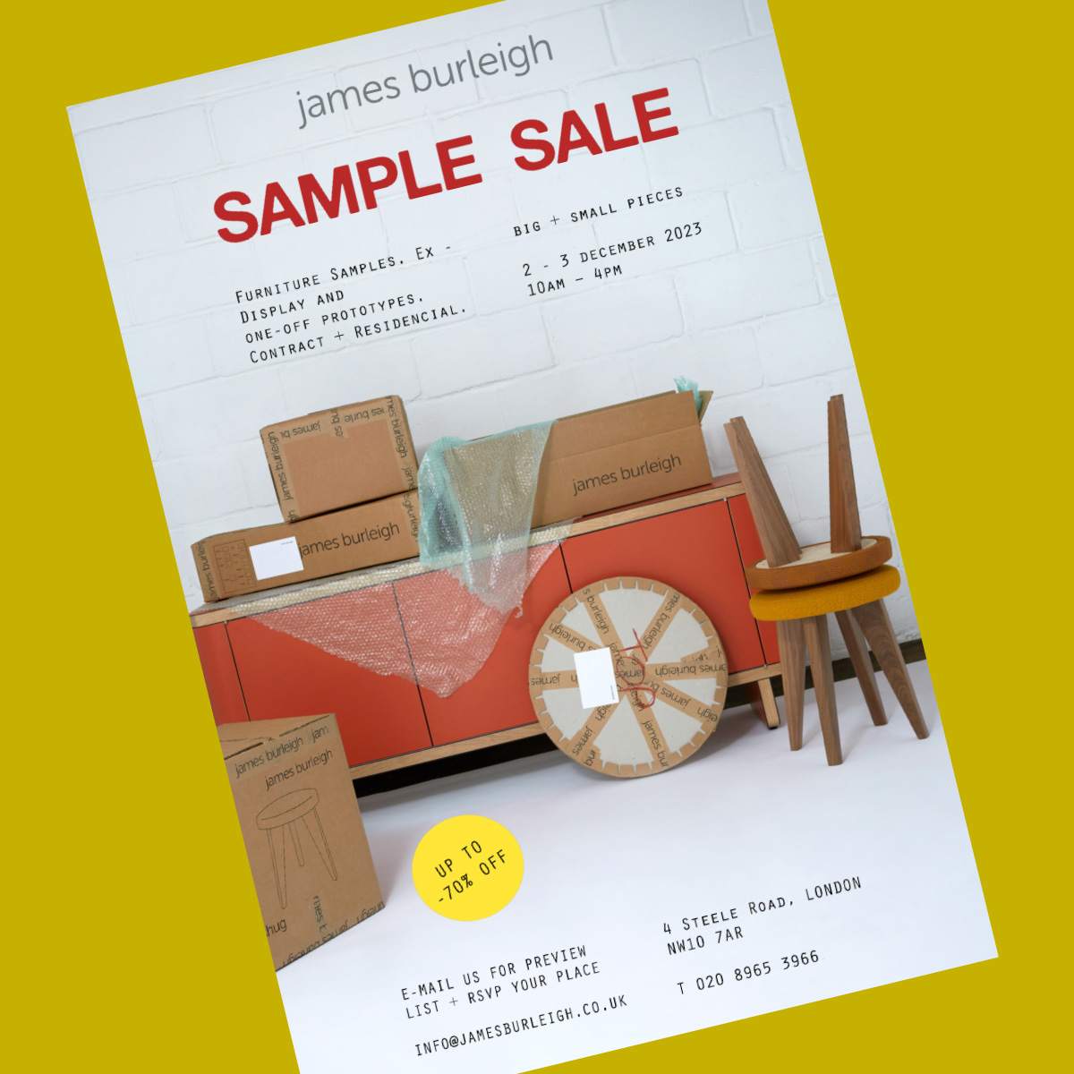 One Weekend only! Don’t miss out! Real bargains available! Need a table for Christmas?
Including furniture samples, Ex. Display and one-off prototypes.
UP TO -70% OFF! FACTORY WAREHOUSE SALE!
For Contract + Residential.
Big + Small pieces!