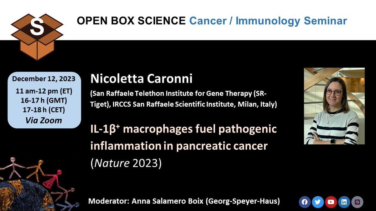 Open Box Science (@openboxsci) on Twitter photo OBS #Cancer #Immunology Seminar
📆 Tu, Dec 12, 11 am ET/17 h CET
🎙️ Nicoletta Caronni
<a href="/NCaronni/">nicoletta caronni</a> <a href="/OstuniLab/">Renato Ostuni</a> <a href="/SanRaffaeleMI/">Ospedale San Raffaele</a>
📝 IL1beta+ macrophages fuel pathogenic inflammation in pancreatic cancer <a href="/Nature/">nature</a>
✍️ us02web.zoom.us/meeting/regist…
#openscience #macrophages #pancreas OBS #Cancer #Immunology Seminar
📆 Tu, Dec 12, 11 am ET/17 h CET
🎙️ Nicoletta Caronni
<a href="/NCaronni/">nicoletta caronni</a> <a href="/OstuniLab/">Renato Ostuni</a> <a href="/SanRaffaeleMI/">Ospedale San Raffaele</a>
📝 IL1beta+ macrophages fuel pathogenic inflammation in pancreatic cancer <a href="/Nature/">nature</a>
✍️ us02web.zoom.us/meeting/regist…
#openscience #macrophages #pancreas