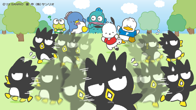 ばつ丸「うおー!ついに今日からしばしりだぞー!」けろっぴ「しばしり?」タキシードサム「しばしりとは…?」ハンギョドン「しわすのことじゃない…? 」ポチャッコ「楽しそう!かけっこまぜてー!」ペックル「ぼくもー!」#はぴだんぶい #師走 