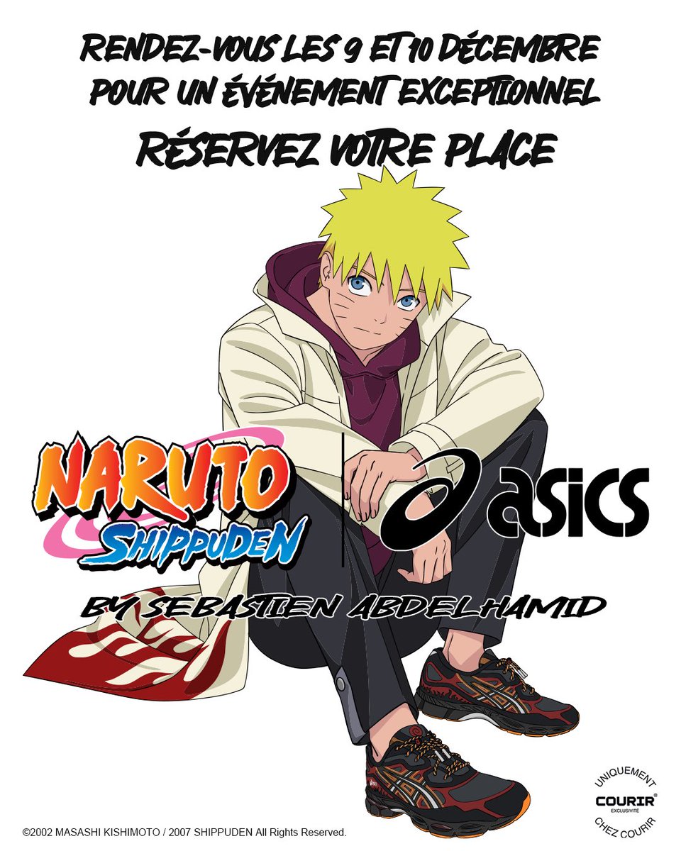 🚨👀 Évent de lancement GRATUIT pour ma nouvelle collab Asics X Naruto ! 9 et 10 Decembre à Paris ! Il suffit de s’inscrire sur le site et choisir son créneau ! C’est free, premier arrivé, premier servi ! Bienvenue au Pop up immersif dans l’univers de Konoha powered by Courir…