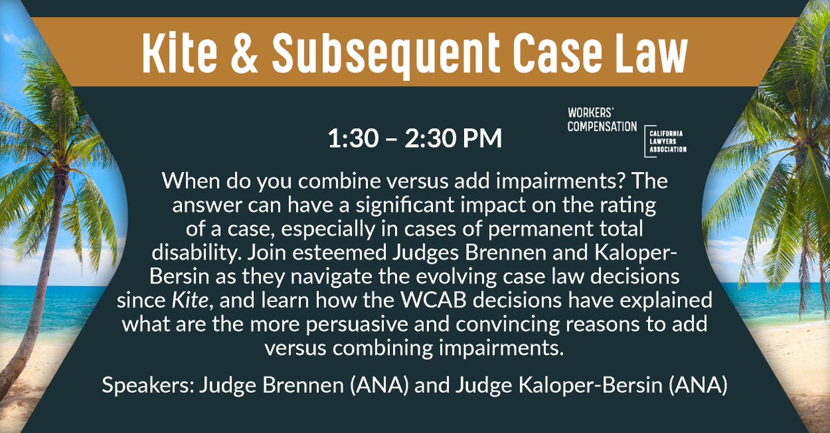 CLAWorkersComp's tweet image. Want to put on the most convincing and persuasive case for your client’s permanent disability? Join us on December 8 to learn how evolving case law since Kite can help you decide whether to combine or add impairments.

✅Register here: bit.ly/46DBVV0