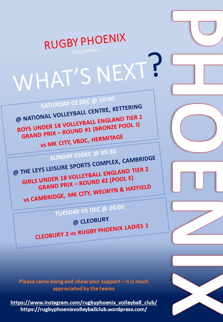 Juniors off to the Under 18's @VballEngland Grand Prix's events this weekend, and an away game vs <a href="/CMVBC/">Cleobury Volleyball</a> for the Ladies. Good luck <a href="/RugbyPhoenixVC/">Rugby Phoenix VC</a>