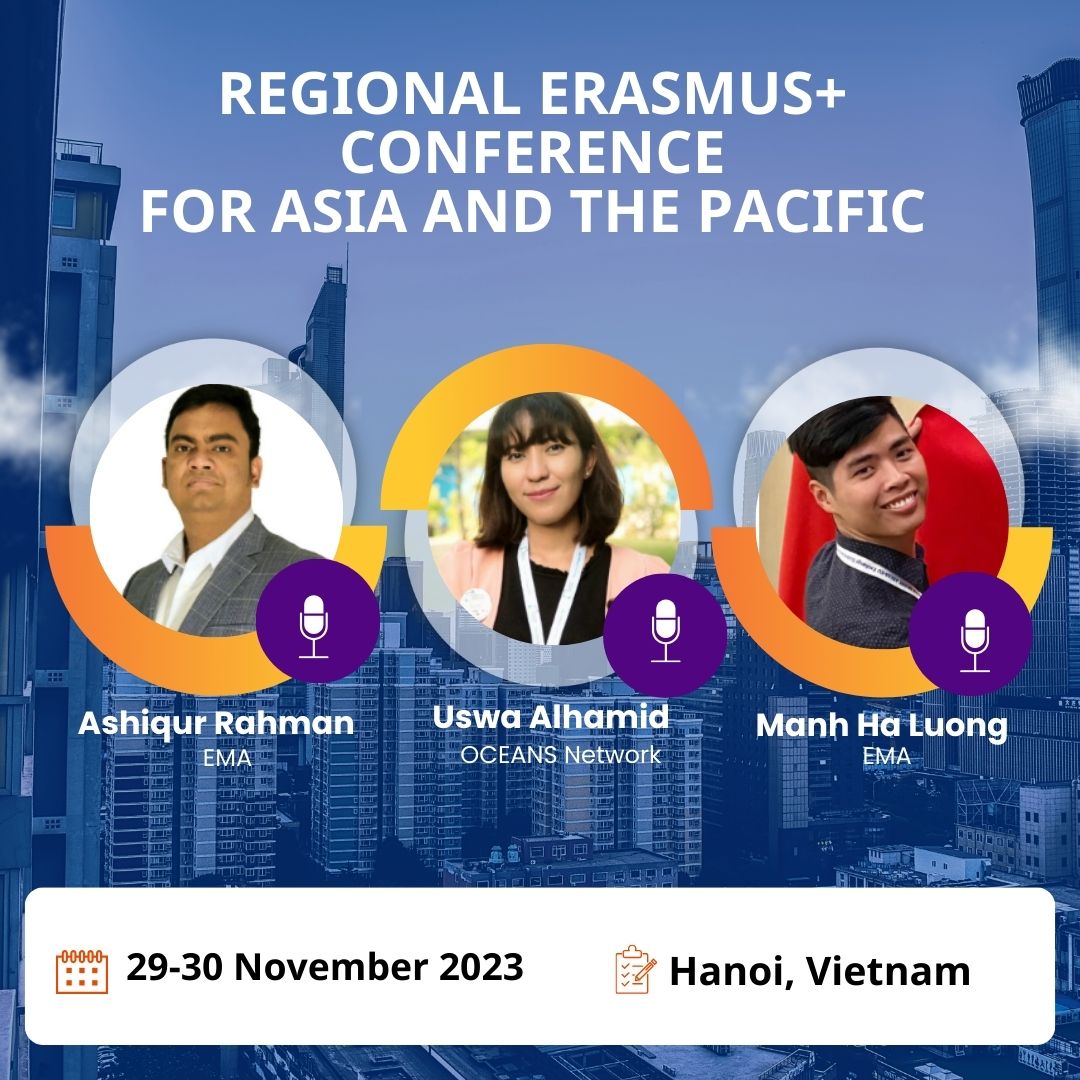 🌏This week, Regional Erasmus+ Regional Cluster meeting and contact-making seminar for the Asia and Pacific Region, was held on 29 and 30 November 2023 in Hanoi, Vietnam with representation from Erasmus Mundus Association (EMA) and OCEANS Network took part as speaker.
 
#Erasmus