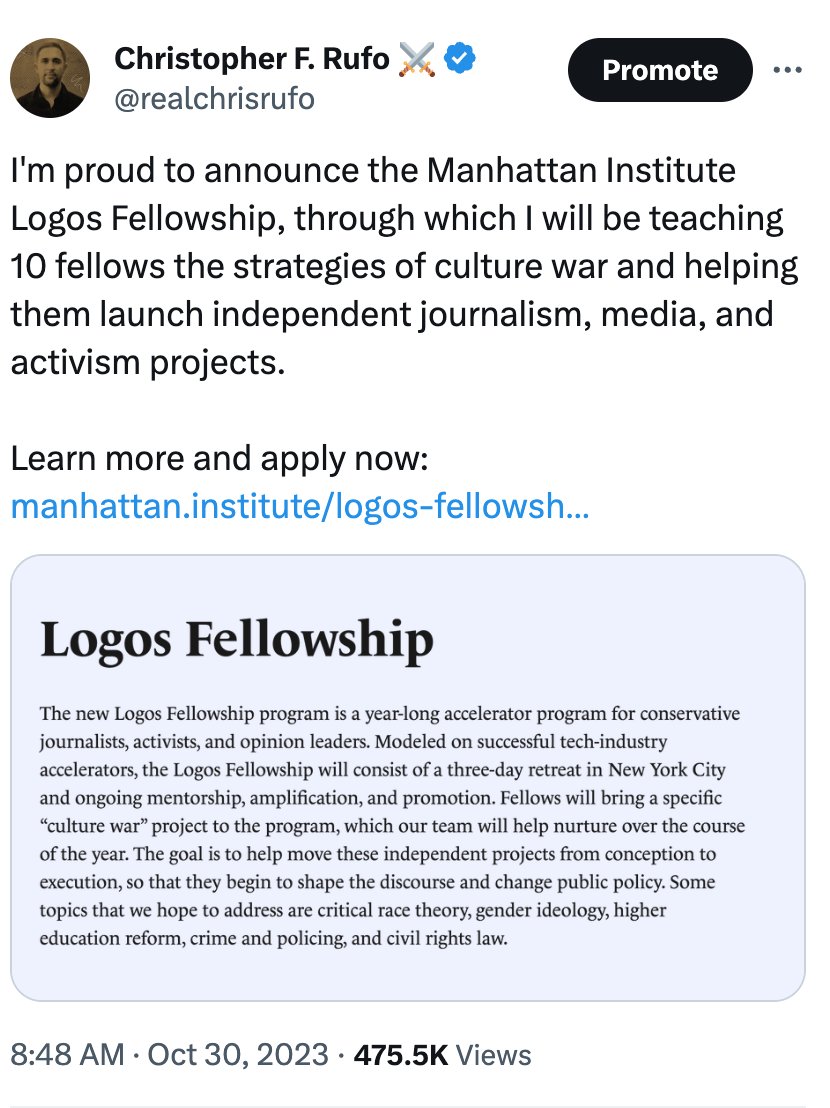 It's been fascinating to watch the 'school for conservative activists' go from an idea on X into a program in real life. Grateful to Manhattan Institute for supporting this initiative and immediately putting resources behind it. Logos Fellowship applications due tomorrow:…