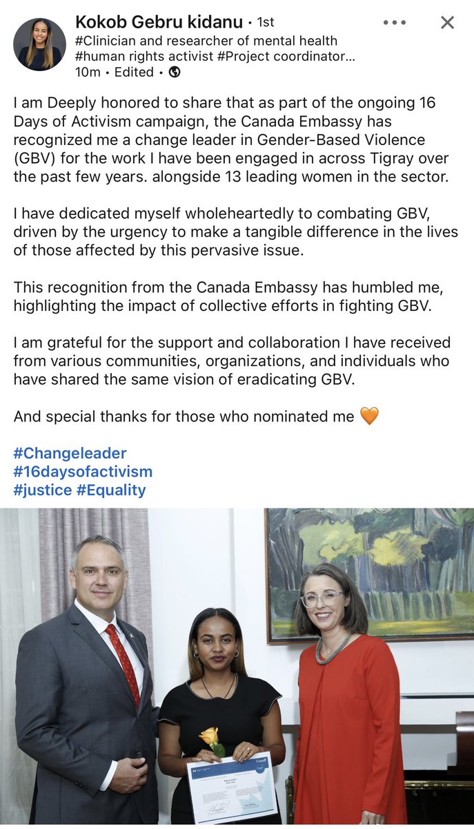 ayder_hospital's tweet photo. Congratulations to the dedicated and energetic staff of Ayder College of Health Sciences @kokobGebruk for being recognized as a change leader in gender-based violence by the Embassy of Canada.
Let's stop gender-based violence together!
@MekUniETH https://t.co/meYWt79UoU