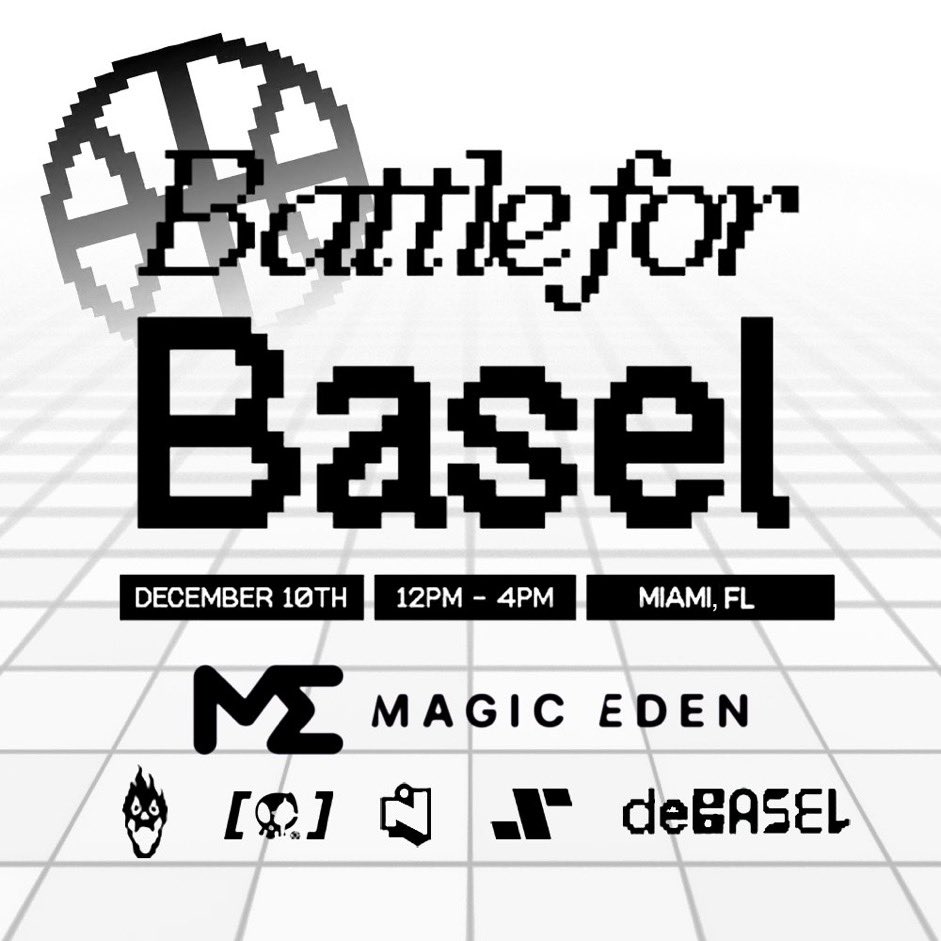 RT TO WIN AN NFT (~0.15 ETH value)

BATTLE FOR BASEL 
Sunday, December 10th 
12-4pm EST 

Brickell, Miami

5v5 tourney 
Vendors, Food, Drinks, &amp;&amp; more 

Powered by <a href="/SteadyStackNFT/">Steady Stack Scam/Rug Victims</a>, <a href="/MagicEden/">Magic Eden 🪄</a>, <a href="/DeGodsNFT/">DeGods</a>, <a href="/niftyportal/">The Nifty (rebranded to BoDoggos Entertainment)</a> and more.

Shoutout to <a href="/notsoeasymoney/"></a> <a href="/sunnymaanz/">Sunny 🌞</a>