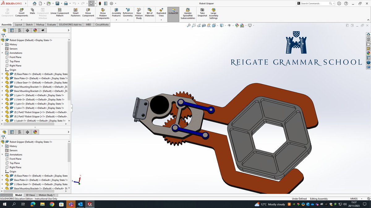 RGS_Robotics's tweet image. Continuing to work on our drivetrain, we have a CAD for an arm (image), excited for an outreach masterclass to Year 5 students. Following us supports us, it counts as outreach. #FTC @RGSComputing #RGS