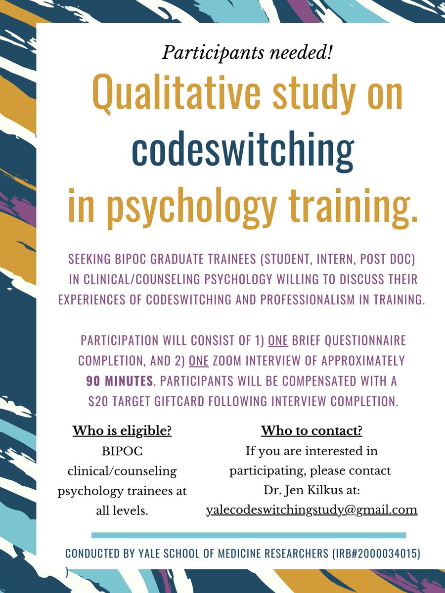 📢Calling all #BIPOC trainees in counseling & clinical #psychology at all levels (graduate, intern, postdoc)📢 Help our team improve psychology training & equity through our qualitative study on #codeswitching. Recruitment ongoing; share & reach out if interested! @jkilkusphd