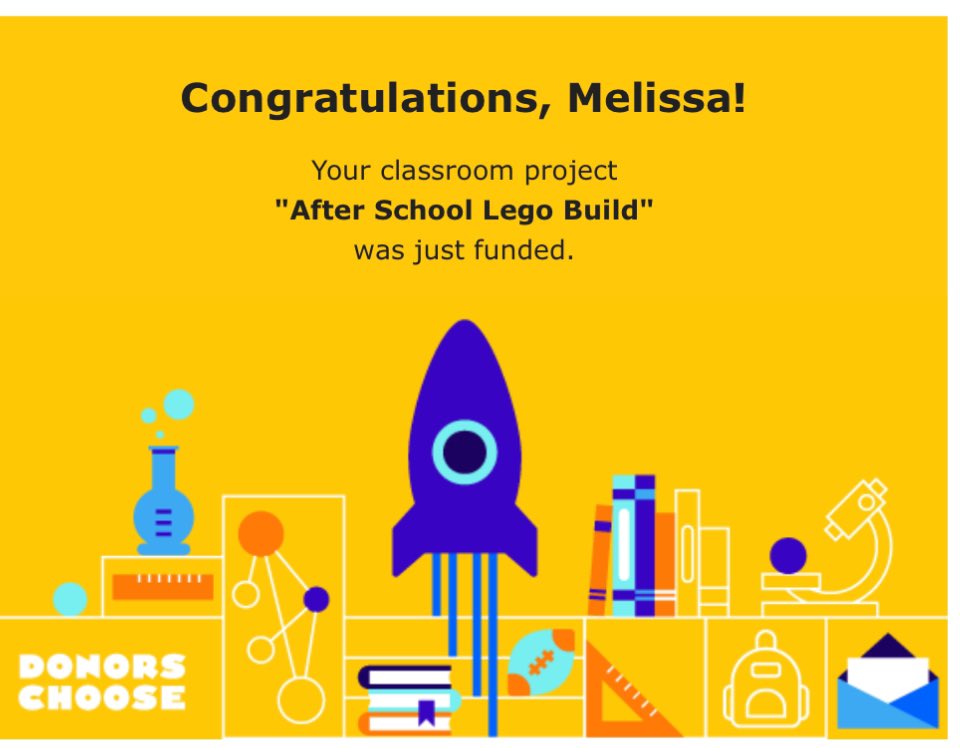 Thank you to everyone that donated! Our project was funded! We should be receiving our legos soon! @BowieLegacy100 @BowieBearsFdn @DonorsChoose #DonorsChoose