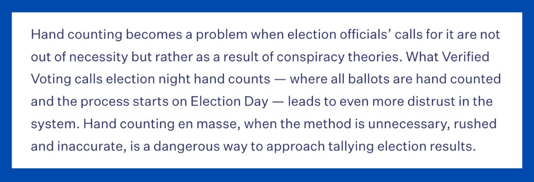 Verified Voting (@verifiedvoting) on Twitter photo <a href="/DemocracyDocket/">Democracy Docket</a>’s exclusive coverage of our latest election night hand counts analysis showcases the immense cost and unreliability of election night hand counts. Thank you, <a href="/DevonHesano/">Devon Hesano</a>, for the thorough reporting! <a href="/DemocracyDocket/">Democracy Docket</a>’s exclusive coverage of our latest election night hand counts analysis showcases the immense cost and unreliability of election night hand counts. Thank you, <a href="/DevonHesano/">Devon Hesano</a>, for the thorough reporting!