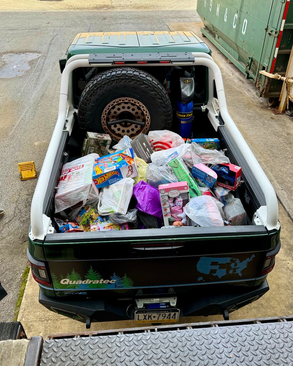 Quadratec's tweet photo. We’re so thankful for everyone who came out to our Jeeps and Java event and donated to Toys for Tots. Dropping off this truckbed full of toys is our way of providing a bright smile and holiday cheer to local families this season. ❤️ #JeepsAndJava #ToysForTots https://t.co/6Bs0Qak4GC