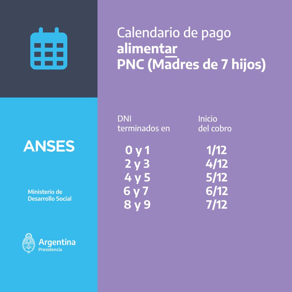 MDSNacion's tweet photo. 💳 #PrestaciónAlimentar - Calendario de pago

Te informamos las fechas de pago de diciembre para titulares de la Asignación Universal por Hija/o, por Embarazo y Pensiones para Madres de 7 o más hijos/as. https://t.co/6NBSMgCewK