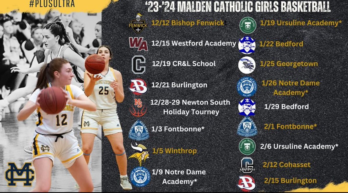 MC Girls Basketball 2023-24 Schedule! Gold is home and white is away.