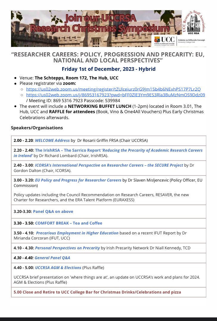 Delighted to be invited to speak at Researcher Careers: Policy, Progression & Precarity: EU, National & Local Perspectives/@UCCRSA Input: @rsa_irish, @ICoRSA_News, EU, @IFUT, @IrishPrecarity 1st Dec, 2pm. Shout if you want Zoom links/accessible pdf invitation #researchcareers