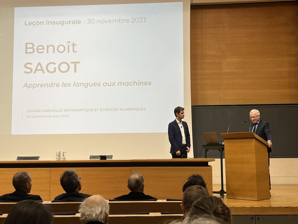 L après midi au Campus Cyber pour partager l enthousiasme de nombreux projets de startup organisé par <a href="/InriaStartup/">Inria Startup Studio</a> ce soir au collège de France <a href="/cdf1530/">Collège de France</a> pour la leçon inaugurale de <a href="/bensagot/">Benoît Sagot</a> (Chaire annuelle inria CdF) .. belle illustration temporelle de l ADN d <a href="/Inria/">Inria</a>