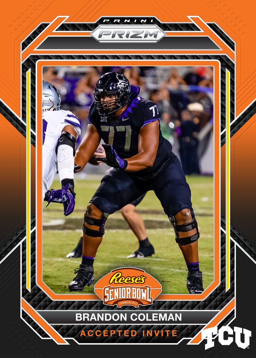 seniorbowl's tweet photo. OFFICIAL! OL Brandon Coleman @b_coleman77 from @TCUFootball has accepted his invitation to the 2024 Reese's Senior Bowl! #GoFrogs | #AllSteakNoSizzle #TheDraftStartsInMOBILE™️

@JimNagy_SB @PaniniAmerica #RatedRookie https://t.co/7tdQh2CEOQ