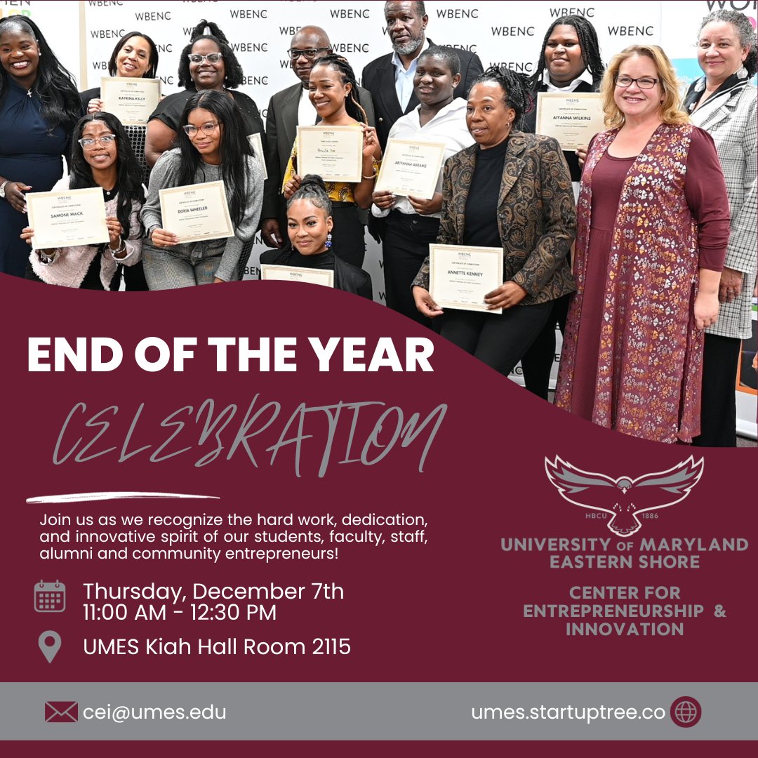 umes_cei's tweet photo. We want to take a moment to express our gratitude for your continued support and reflect on our progress thus far.

Join us next Thursday, December 7th at 11 AM as we celebrate all of our achievements. RSVP today at https://t.co/xbCRdzBXTI or by emailing us at cei@umes.edu. https://t.co/76swnG3WPz