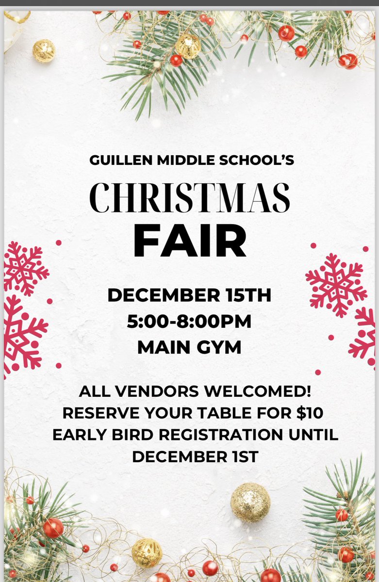 Guillen is having a Christmas Fair! Fine Arts Performances, Art displays, food, and crafts! Sign up to be a vendor! Make plans to join us! @BowieLegacy100 @BowieBearsFdn @csepisd @GuillenMiddle @csguillenepisd #ItStartsWithUs @maribelruiz2015