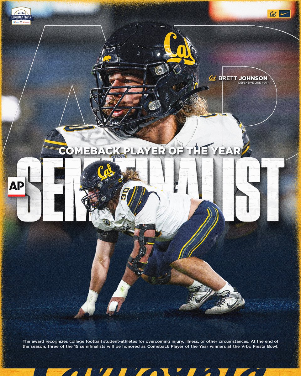 CalFootball's tweet photo. Congratulations to @hairberett on being named a 2023 Comeback Player of the Year Award Semifinalist!

#GoBears https://t.co/hfSSCvDSTY