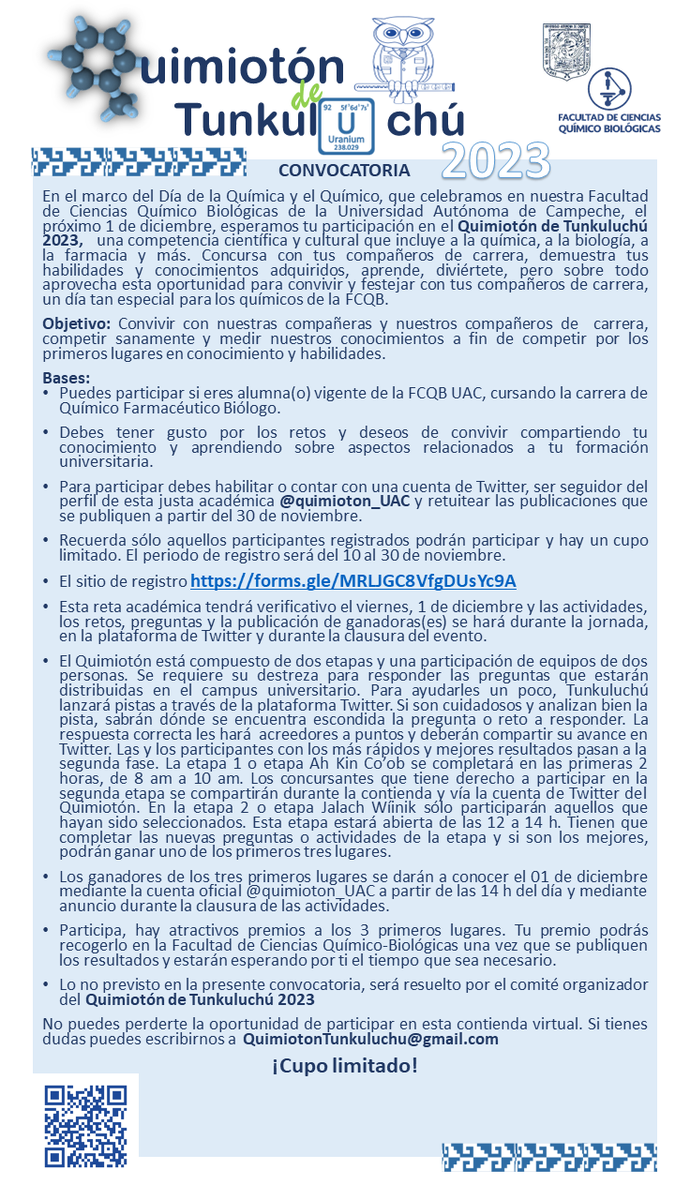 quimioton_UAC's tweet photo. Mañana estaremos de manteles largos ya que en la Facultad de Ciencias Químico Biológicas, @UAC_FCQB, celebramos un año más el día de la Química y el Químico. Eso significa también que ocupamos QUIMIOTÓN. ¿Están preparados?, ¿Ya se registraron? https://t.co/apZwOK0Pl2
