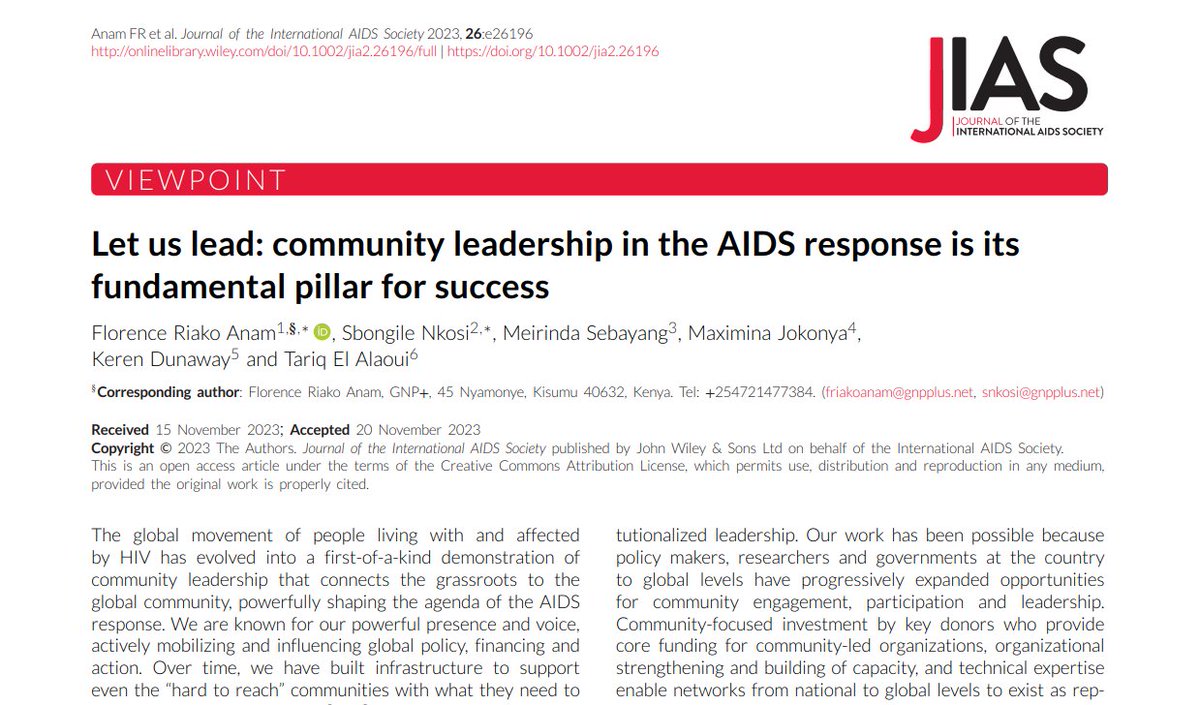 “We strongly believe in ‘nothing for us without us’.” @jiasociety has released a new viewpoint ahead of #WorldAIDSDay highlighting the importance of community leadership in the #HIV response by @floriako & colleagues. #PutCommunitiesFirst! Read here! onlinelibrary.wiley.com/doi/10.1002/ji…