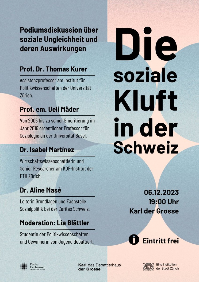 Nächste Woche unterhalte ich mich mit @thmskrr, Ueli Mäder, und @AlineMase über die soziale Kluft in der Schweiz 🇨🇭💸🧷 📅 Mittwoch, 6.12., 19.00 📍'Karl der Grosse', Eintritt frei