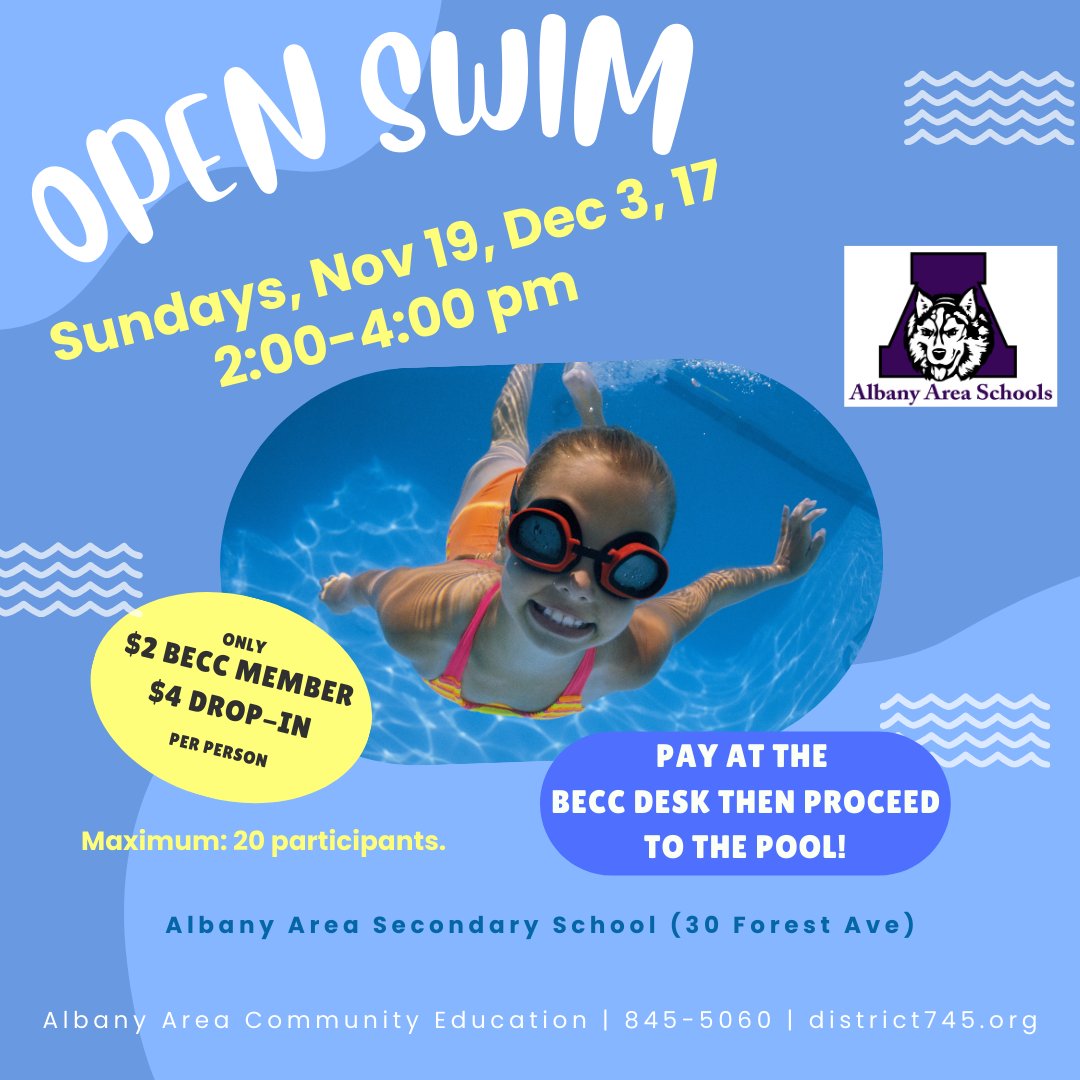 ISD745's tweet photo. REMINDER: Another open swim opportunity this Sunday, December 3 from 2-4 PM! 🏊‍♂️ Check in at the BECC desk: $2 BECC Members, $4 non-members. https://t.co/1melx0Sl6C