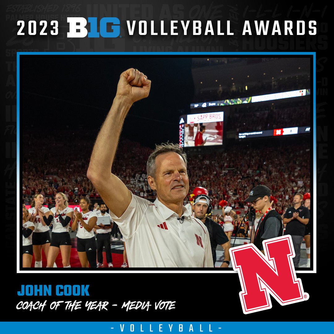 Big Ten Volleyball (@b1gvolleyball) on Twitter photo 𝘾𝙤𝙣𝙜𝙧𝙖𝙩𝙨 to the 2023 #B1GVolleyball Coach of the Year - <a href="/HuskerVB/">Nebraska Volleyball</a>’s John Cook 𝘾𝙤𝙣𝙜𝙧𝙖𝙩𝙨 to the 2023 #B1GVolleyball Coach of the Year - <a href="/HuskerVB/">Nebraska Volleyball</a>’s John Cook