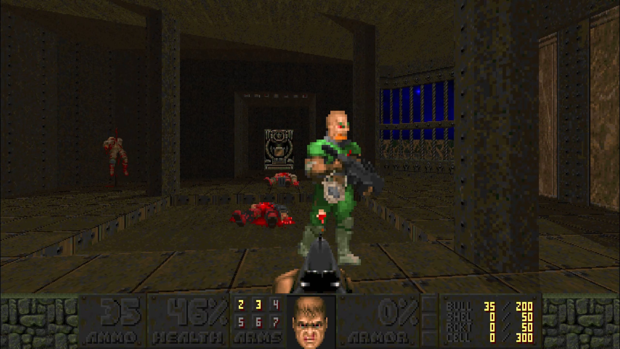 Screenshot from the latest free Add-on for DOOM and DOOMII: The Troopers' Playground featuring a modified bright green Zombie Soldier. 