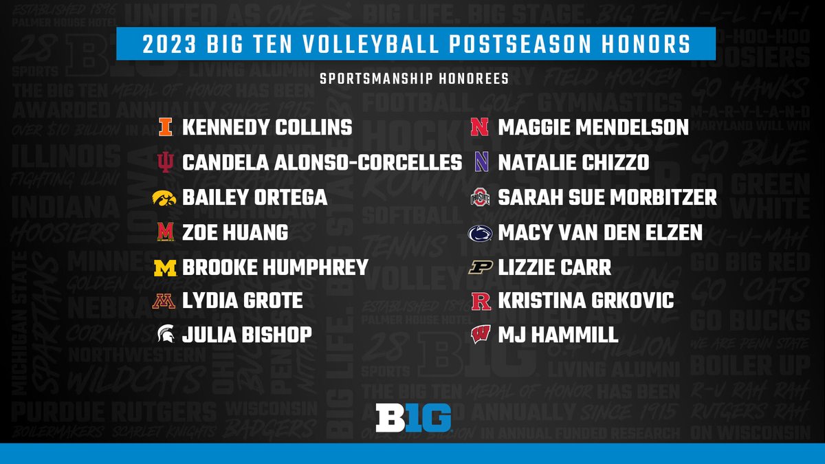 A 𝘽𝙄𝙂 shoutout to the 2023 #B1GVolleyball All-Big Ten First Team, Second Team, Freshman Team and Sportsmanship honorees