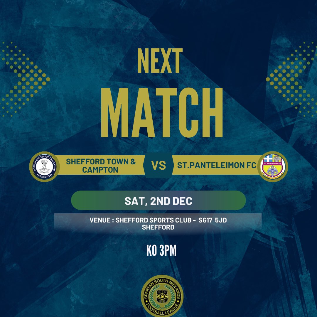 St. Panteleimon F.C. (@stpanteleimonfc) on Twitter photo π΅π‘ Saturday we travel to play <a href="/sheffordcampton/">sheffordtowncampton</a> in the League !
<a href="/SpartanSMFL/">Spartan South Midlands</a> @SSML2022
Come to support us!
ποΈ Adults Β£8 / Conc Β£4
πSH27 5JD
#upthesaints π΅π‘ Saturday we travel to play <a href="/sheffordcampton/">sheffordtowncampton</a> in the League !
<a href="/SpartanSMFL/">Spartan South Midlands</a> @SSML2022
Come to support us!
ποΈ Adults Β£8 / Conc Β£4
πSH27 5JD
#upthesaints