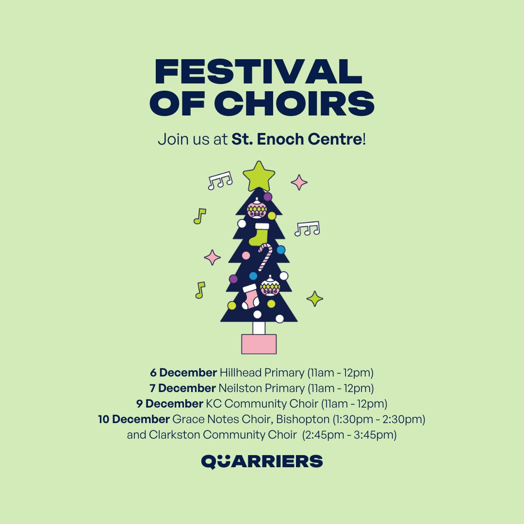 We’re bringing some fantastic festive choirs to @StEnochCentre. 🎶 Join us on 6, 7, 9 and 10 December if you can! 🎄 Find out more here - quarriers.org.uk/quarriers-chri…