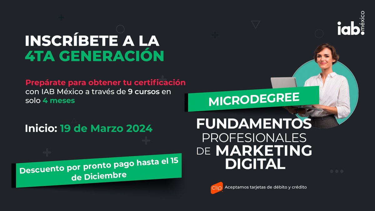 IABMexico's tweet photo. Admitámoslo, siempre hay tiempo para invertir en tu crecimiento. ¿Listo para reservar tu lugar en la 4ta Generación del #Microdegree?
Aprovecha nuestro descuento por pronto pago aquí: https://t.co/lGhG6WoL95 https://t.co/6uhvPeqz0K