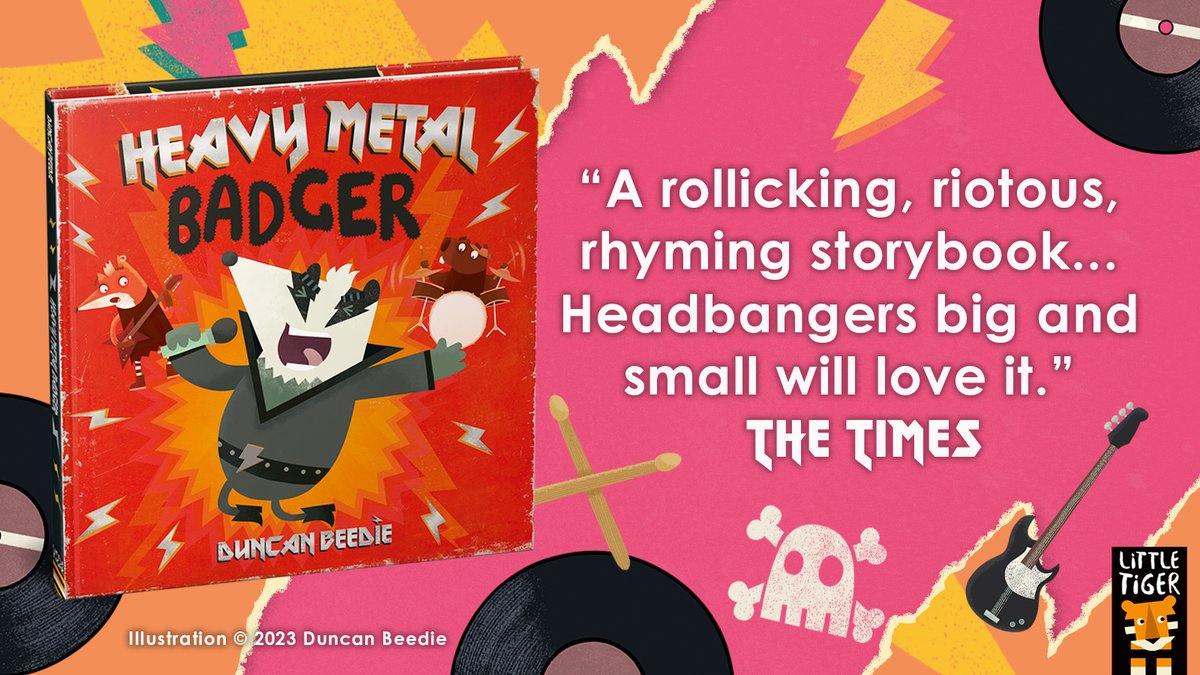 ⚡🎸Heavy Metal Badger is one of @thetimes Best Children’s Books of 2023!⚡🎸 “A rollicking, riotous, rhyming storybook... Headbangers big and small will love it.” #HeavyMetalBadger written and illustrated by Duncan Beedie @DuncanDraws is out now! 🔗bit.ly/3ESUtoL