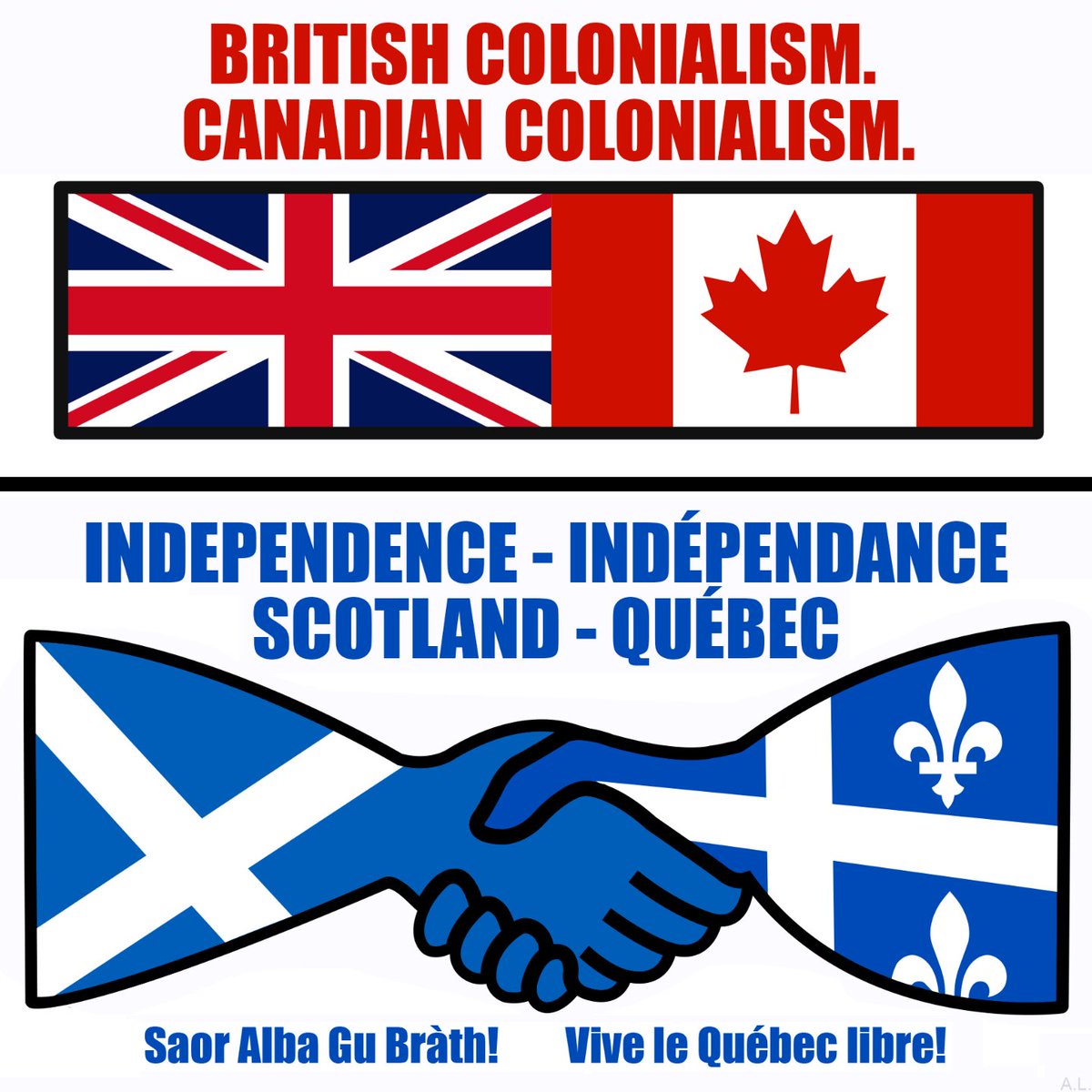 QuebecScotland's tweet photo. Get out of the Colonialism! 🇬🇧🇨🇦 Sortons du colonialisme!
🏴 #SaorAlbaGuBràth!👊⚜️ #ViveleQuébeclibre!
#StAndrewsDay #Yes2Scotland #YesScots #FreeScotland #ScottishIndependence #IndyRef #YesScotland #independence #AUOB #PQ #PaysQc #Quebec #freeQuebec https://t.co/juVyruoQjP