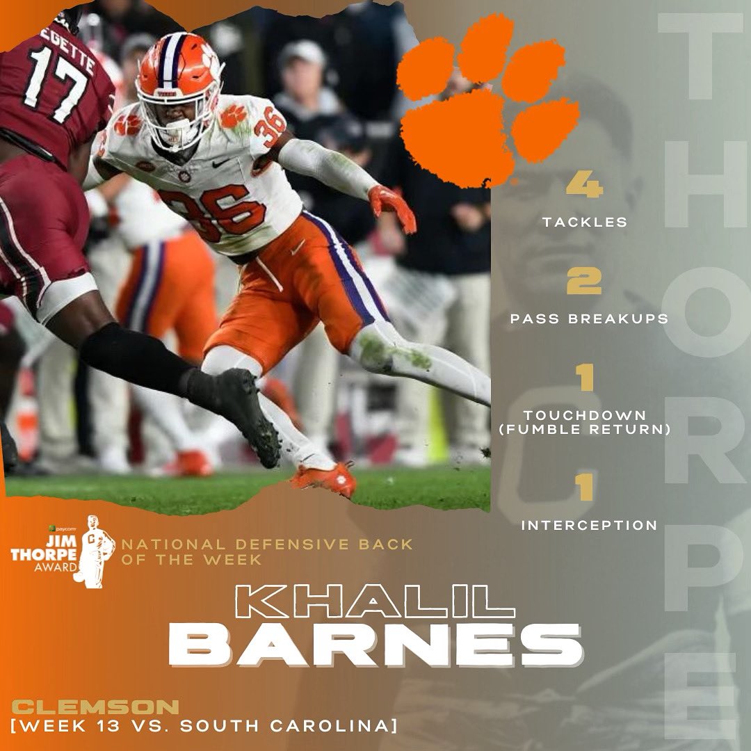 Clemson’s Khalil Barnes named #ThorpeAward National DB of the Week after becoming the first Tiger to record back-to-back takeaways since 1995, while contributing to a rivalry win for @ClemsonFB in a big way!