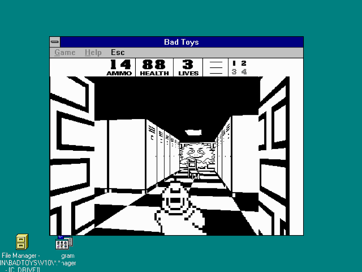 dosnostalgic's tweet photo. Bad Toys (Windows 3.x, 1995) #NotDOS
First, black &amp; white version of the Czech shareware Windows first person shooter. https://t.co/FZm8xx9LXx