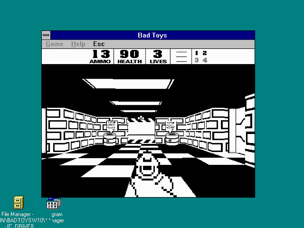 dosnostalgic's tweet photo. Bad Toys (Windows 3.x, 1995) #NotDOS
First, black &amp; white version of the Czech shareware Windows first person shooter. https://t.co/FZm8xx9LXx