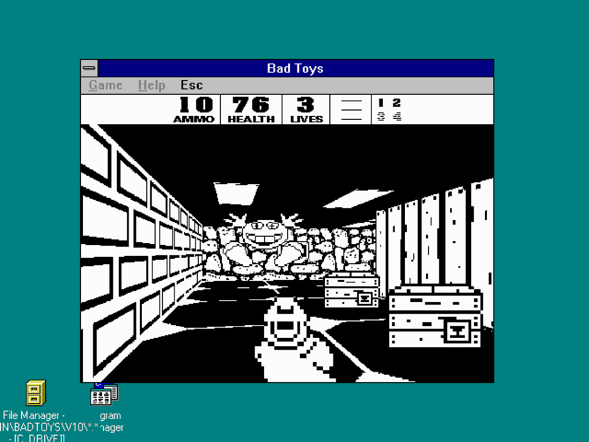 dosnostalgic's tweet photo. Bad Toys (Windows 3.x, 1995) #NotDOS
First, black &amp; white version of the Czech shareware Windows first person shooter. https://t.co/FZm8xx9LXx