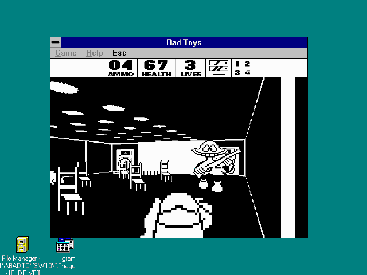 dosnostalgic's tweet photo. Bad Toys (Windows 3.x, 1995) #NotDOS
First, black &amp; white version of the Czech shareware Windows first person shooter. https://t.co/FZm8xx9LXx