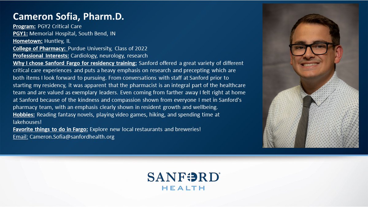 Meet our 2023-2024 Critical Care PGY2, Dr. Cameron Sofia! #TwitteRx #PharmRes <a href="/SanfordHealth/">Sanford Health</a>
