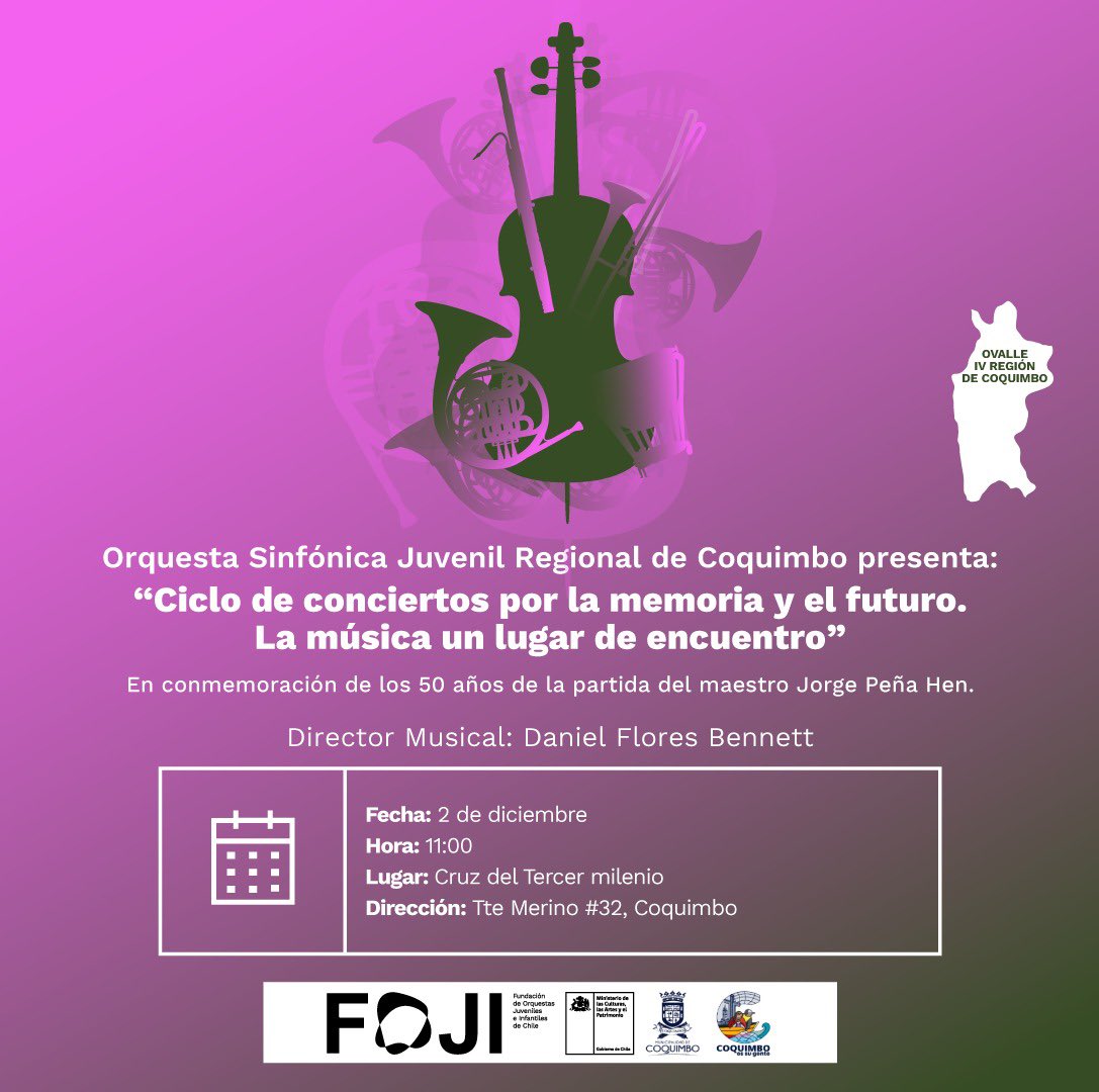 La <a href="/FOJIChile/">Fundación de Orquestas Juveniles e Infantiles 🇨🇱</a> invita a participar del Cierre de Temporada 2023 de la Orquesta Sinfónica Juvenil Regional de Coquimbo. Conciertos gratuitos y con entrada liberada este Viernes en el Teatro Municipal de #LaSerena y el sábado en la Cruz del Tercer Milenio #Coquimbo. No falten!